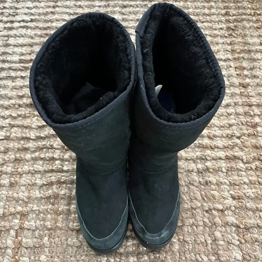 UGG Ultra Tall Revival Boots Black Sheepskin Wool Braid Back Women's 9 12